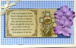 Easter card with Christian image decorated with the burnished velvet glitter technique