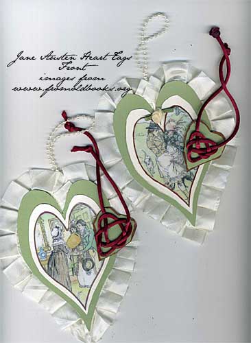heart shaped tags with Jane Austen image and celtic heart knot