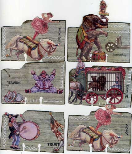 six altered rolodex cards with mushroom background and circus images