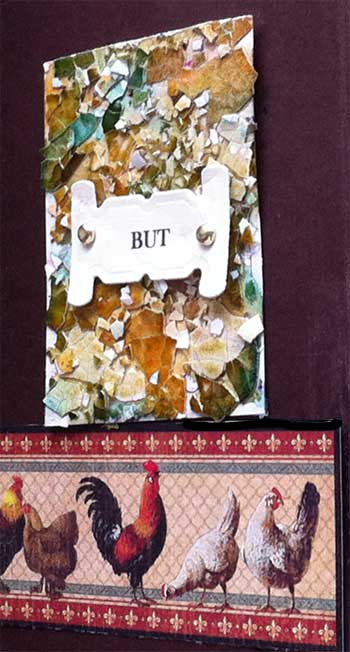 card with rooster theme closeup of eggshell mosaic