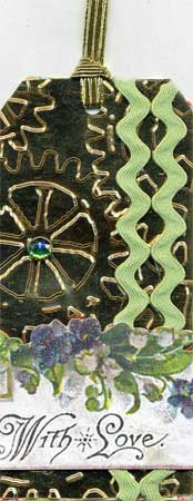 green and gold tag with embossing