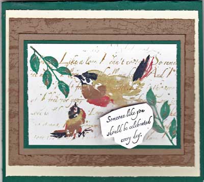 birthday card with stamped and colored image of a brown bird