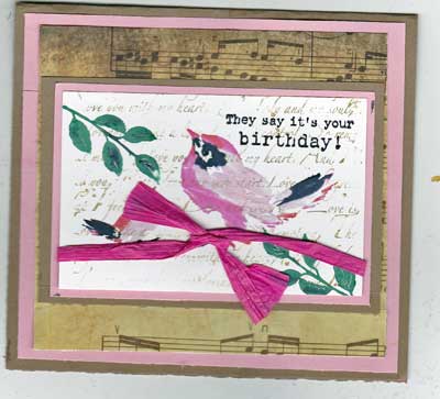 birthday card with stamped and colored image of a pink bird
