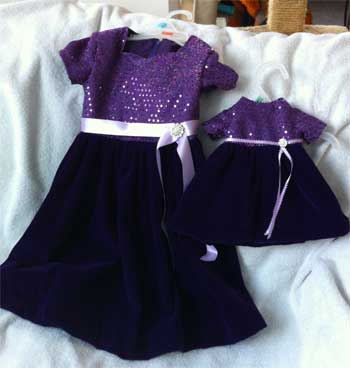 little girl's dress with matching dress for her dolly, made from velvet and sheer fabric