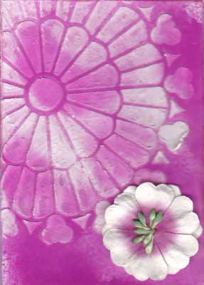 artist trading card in magenta showing a burst of colour
