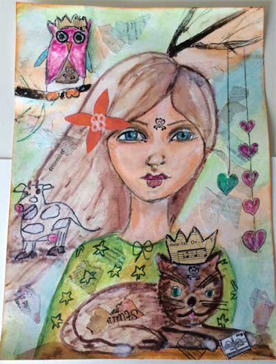 mixed media painting of whimsical woman and quirky animals
